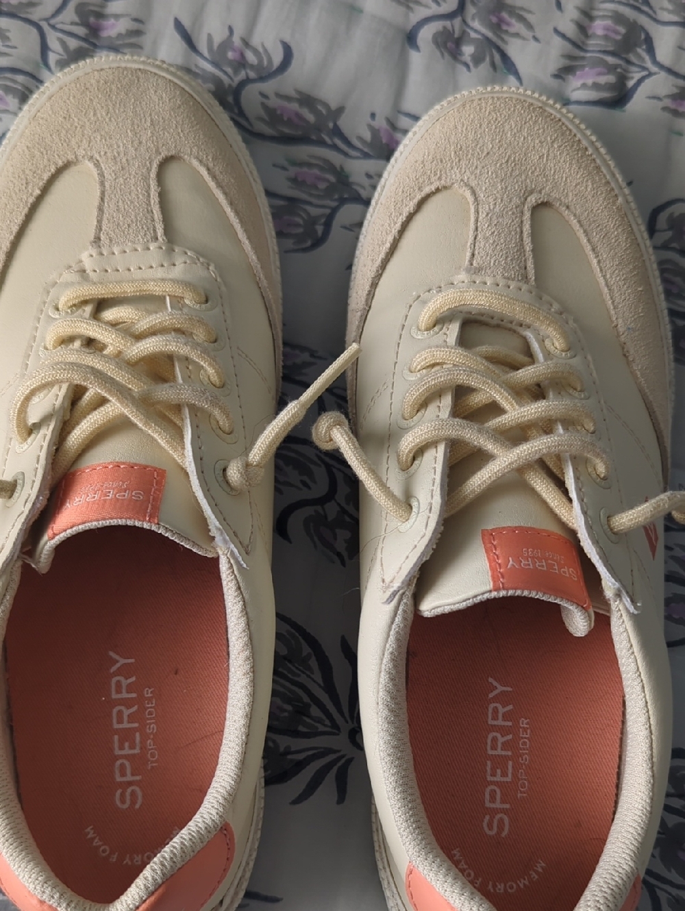 Sperry Cream Sneakers with Coral Accents